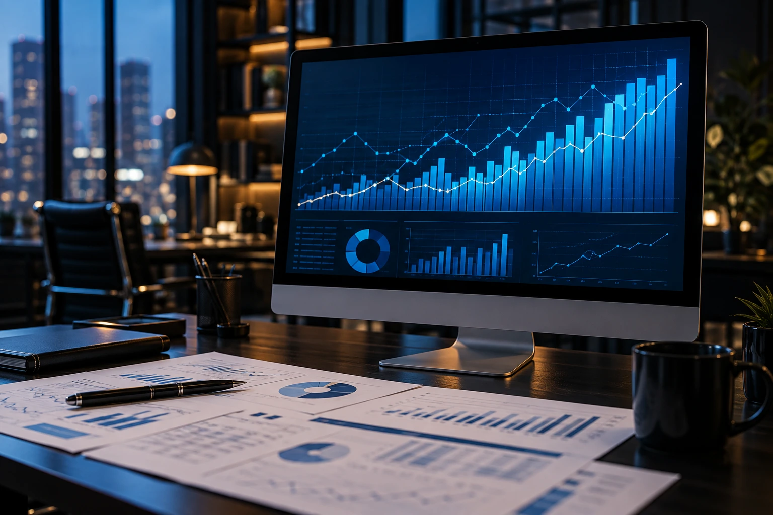 Monitor con gráficas de análisis de mercado